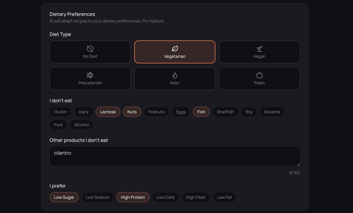 Dietary preferences settings