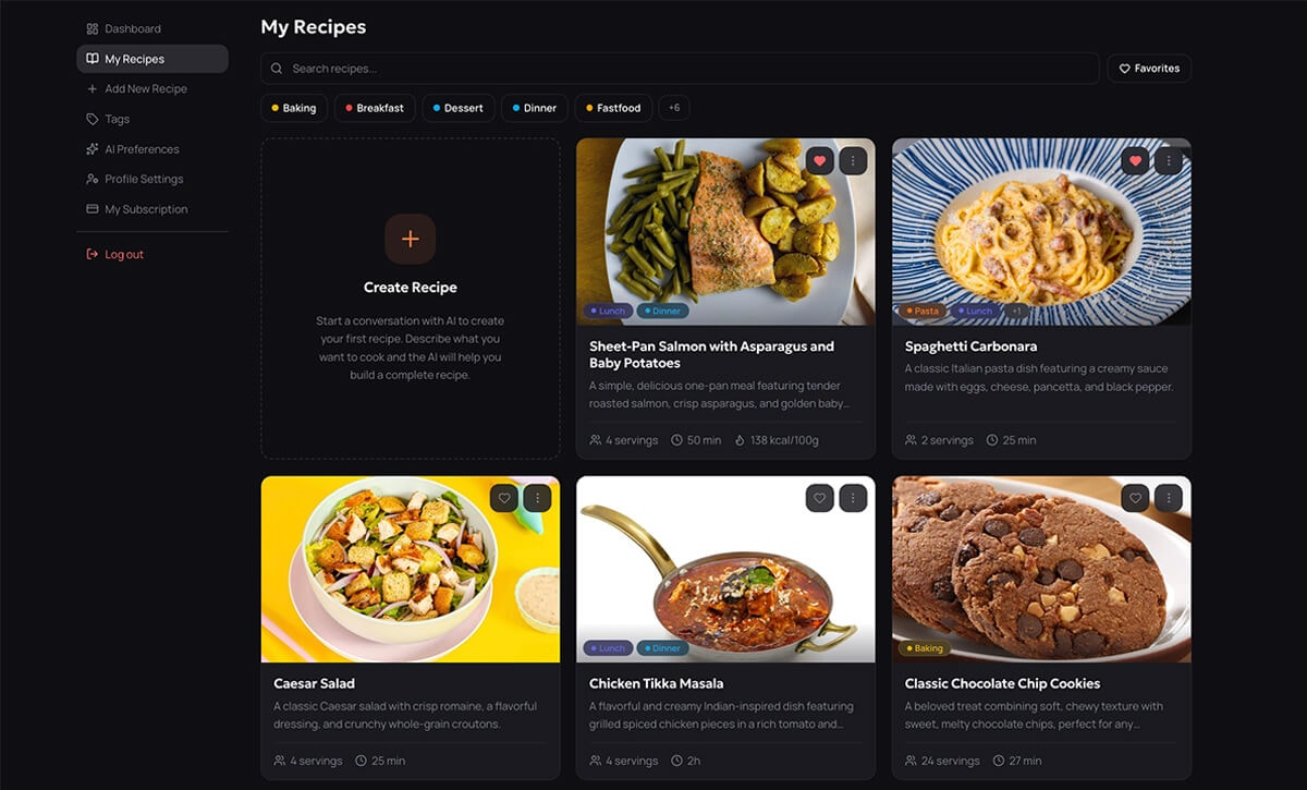 Recipes list with tags and favorites
