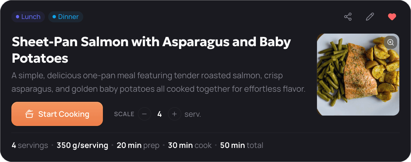 A Foodissi recipe card with tags, image, scaling controls and a Start Cooking button