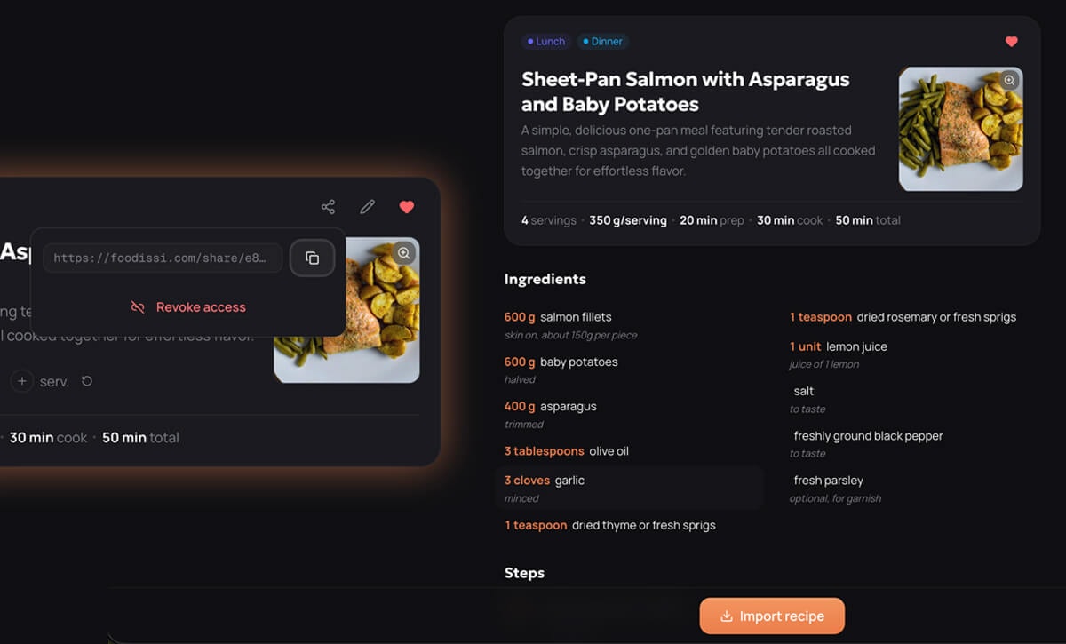 Import recipe from URL and share link